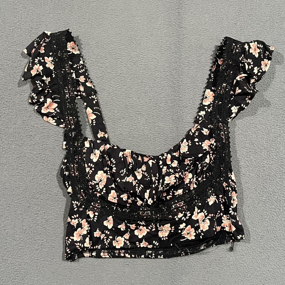 Free People Floral Crop Top Womens 10 Black Ruffle Lace Smocked Boho Summer